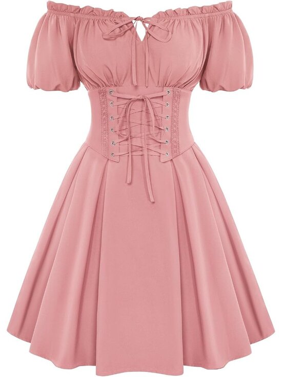 Dresses & Skirts - Women's Pink Renaissance Costume Corset Dress Mini Off Shoulder Fairy Dresses